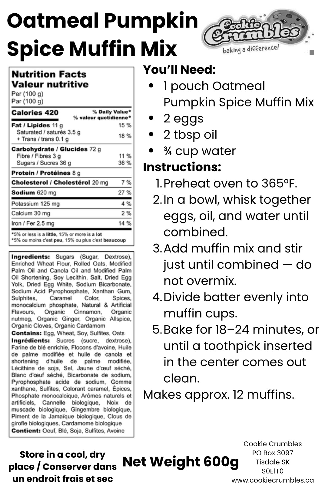 Oatmeal Pumpkin Spice Muffin Mix X 2 Pouches